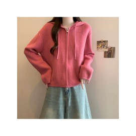 Plus Size - Plus Size, Women'S Plus Size Oversized Hooded Sweater - Soft Pink Double Zipper Long Sleeve Cardigan, Cozy Round Neck Winter Sweater for Casual & Formal Outfits, Machine Washable Layered Sweater for Women (Autumn/Winter) - Elegant Casual