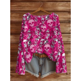 Plus Size - Women'S Fashion Off-the-Shoulder, One-Shoulder, and Boat Neck Sweaters-Personalized oversized sweater Women'S Gothic Style Pink and Black Skull Print Sweater- Long Sleeve Loose Breathable Top with Ruffled Collar
