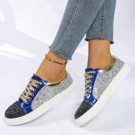 Women Plus Size Round Toe Thick Sole Casual Shoes | New European American Style, Lace-up Closure, Sequin Embellishment, Low Top, All-season, Polyurethane Upper, Mesh Inner, Fabric Insole, Rubber Sole, Women Shoes, Sneakers