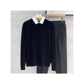 Men's New Korean Style Knit Sweater with Detachable Shirt Collar - Fake 2pcs Layering Top, Slim Fit Round Neck Sweaters Suitable for Fall/Winter, Black/Grey/Beige, Casual & -Casual Wear