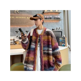 Men' Vintage Oversized Knit Cardigan Sweater - Retro Grunge Style with Patches, Ombre Color Transition, Round Neck & Door Framed Panels, Year-Round Casual Outerwear Suitable for Men' Fashion