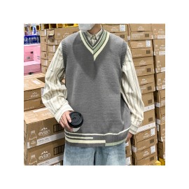 Men's Preppy Style V-Neck Wool Vest, Cream Base + Contrast Trim + Oversized Fit, Trendy Sleeveless DK Uniform Lazy Waistcoat