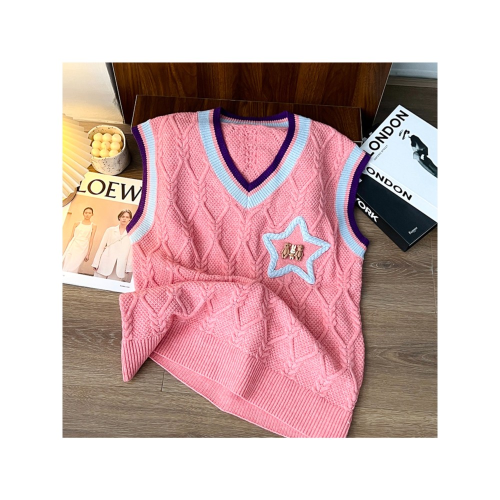 Men'S Velvet Knit Vests in a Collegiate Style, Available in Multiple Colors (Black / Cream / Pink) + Cable Knit Texture + V-Neck with Contrasting Trim + Unique Star Embellishments, a Couple'S Loose-Fitting Sweater Vest Suitable for Casual Campus Out