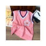 Men'S Velvet Knit Vests in a Collegiate Style, Available in Multiple Colors (Black / Cream / Pink) + Cable Knit Texture + V-Neck with Contrasting Trim + Unique Star Embellishments, a Couple'S Loose-Fitting Sweater Vest Suitable for Casual Campus Out