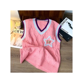 Men'S Velvet Knit Vests in a Collegiate Style, Available in Multiple Colors (Black / Cream / Pink) + Cable Knit Texture + V-Neck with Contrasting Trim + Unique Star Embellishments, a Couple'S Loose-Fitting Sweater Vest Suitable for Casual Campus Out