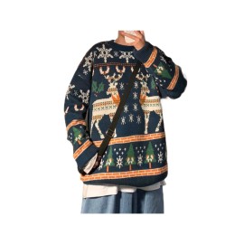 Men's Plus Size Christmas Sweater Red Reindeer & Fair Isle Knit Pullover - Ugly Holiday Sweaters for Men, Winter Outfit, Relaxed Fit Crewneck Jumper, Family Matching for Xmas (Dry)