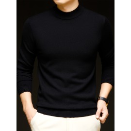 Men'S Casual Pullover Long-Sleeve Sweater for Spring And Autumn, Made of Velvet Blend, Versatile Solid Color, Featuring a Easy High-Neck Design, Knit