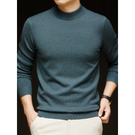 Men'S Casual Pullover Long-Sleeve Sweater for Spring And Autumn, Made of Velvet Blend, Versatile Solid Color, Featuring a Easy High-Neck Design, Knit