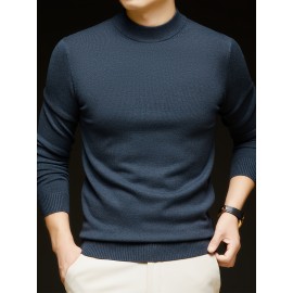 Men'S Casual Pullover Long-Sleeve Sweater for Spring And Autumn, Made of Velvet Blend, Versatile Solid Color, Featuring a Easy High-Neck Design, Knit