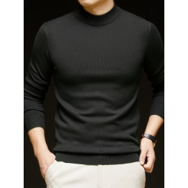 Men'S Casual Pullover Long-Sleeve Sweater for Spring And Autumn, Made of Velvet Blend, Versatile Solid Color, Featuring a Easy High-Neck Design, Knit