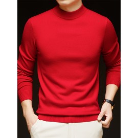 Men'S Casual Pullover Long-Sleeve Sweater for Spring And Autumn, Made of Velvet Blend, Versatile Solid Color, Featuring a Easy High-Neck Design, Knit