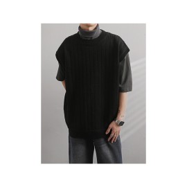 Men'S Cashmere Crew Neck Vest | Cream Solid Color with Vertical Textured Knit, Oversized Fit, Casual Lazy Style, Versatile Couple'S Sleeveless Waistcoat for Fall/Winter